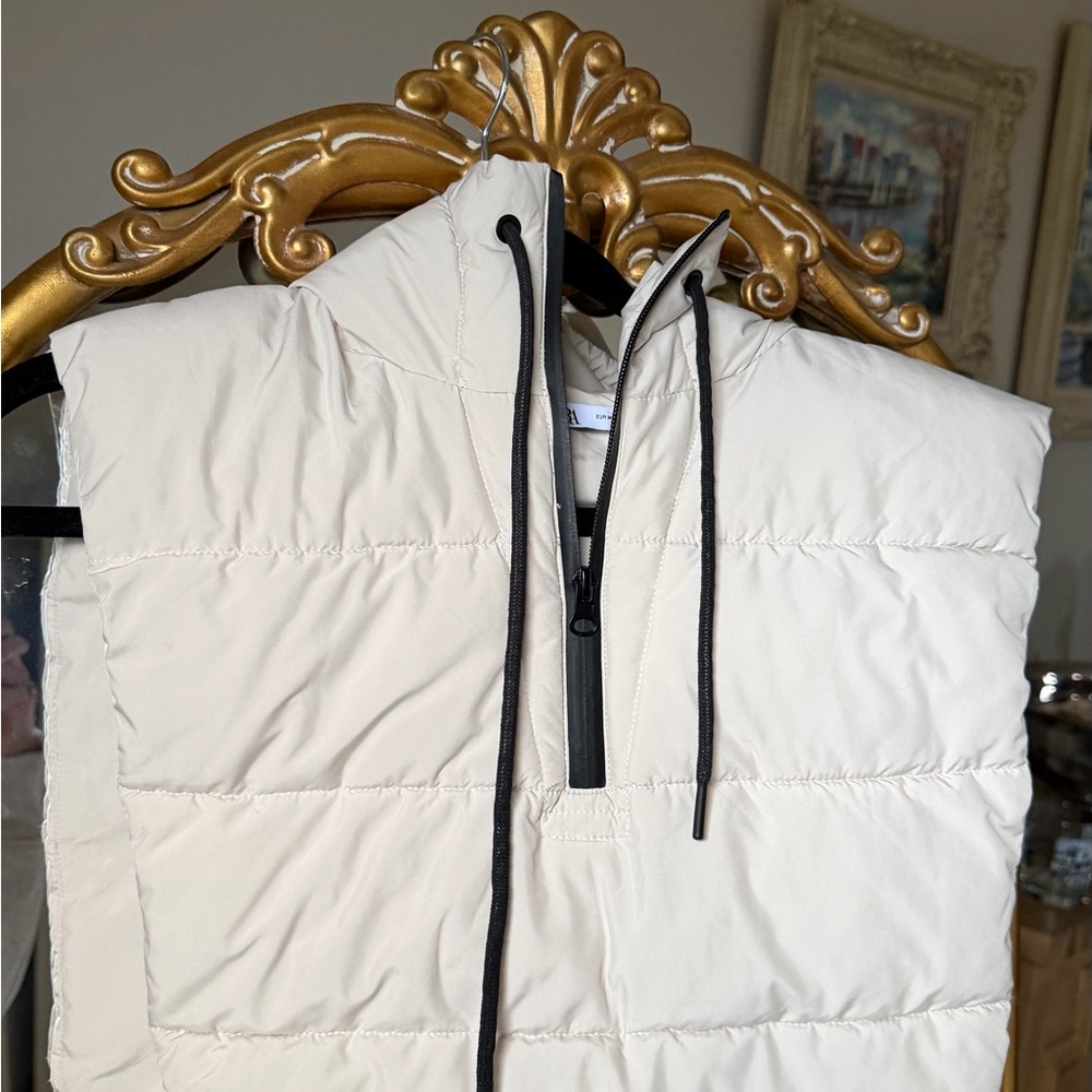 Zara Cream Hooded Puffer Vest with Black Trim